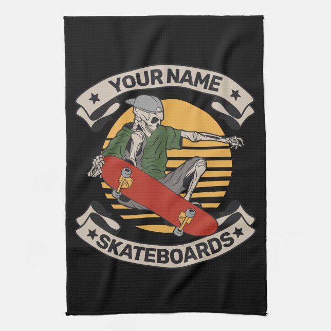 Personalized Skateboard Nose Grab Skeleton Skater  Kitchen Towel (Vertical)