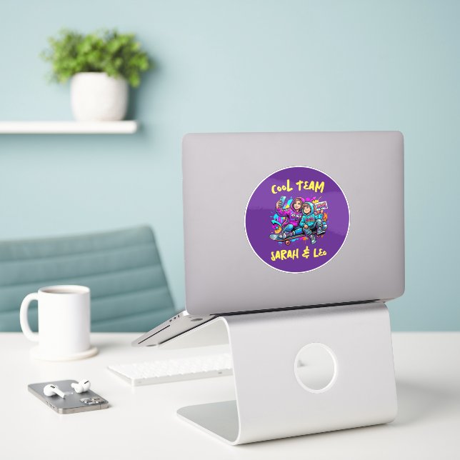 Personalized Skater Mom and Son Graffiti Art Round Sticker (Laptop On Desk)