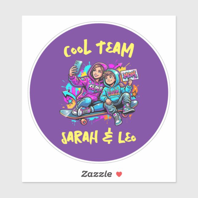 Personalized Skater Mom and Son Graffiti Art Round Sticker (Sheet)