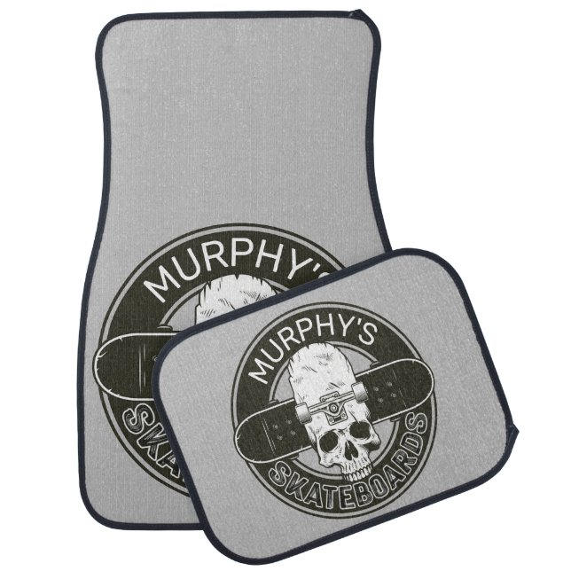 Personalized Skater NAME Skull Skateboarding Skate Car Floor Mat (Set)