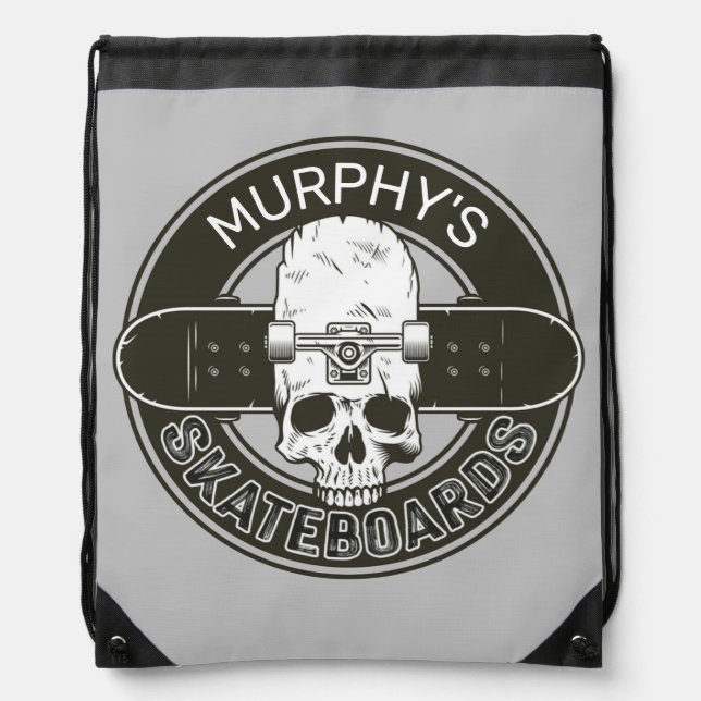 Personalized Skater NAME Skull Skateboarding Skate Drawstring Bag (Front)