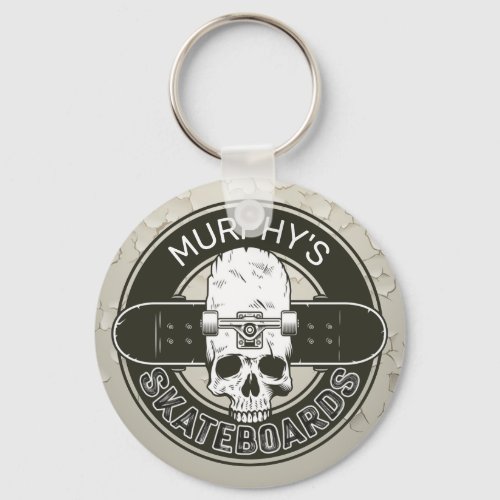 Personalized Skater NAME Skull Skateboarding Skate Keychain