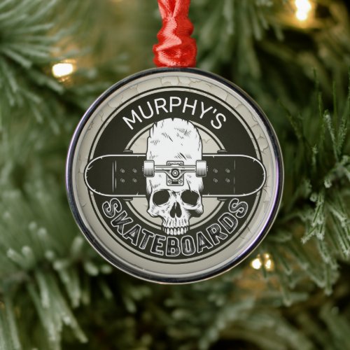 Personalized Skater NAME Skull Skateboarding Skate Metal Ornament