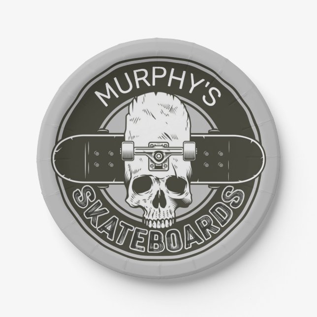 Personalized Skater NAME Skull Skateboarding Skate Paper Plates (Front)