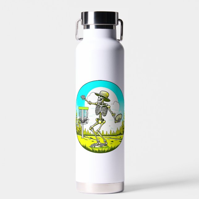 Personalized Skeleton Disc Golfer Retro Pop Art Water Bottle (Front)