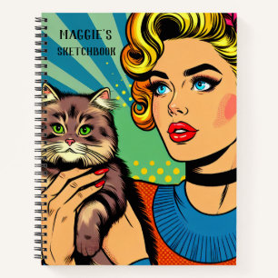 Personalized Sketchbook   Retro Lady and Cat Notebook