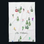 Personalized Ski Alpine Skiing | Skiers Kitchen Towel<br><div class="desc">Cool winter themed skier pattern design with skiers skiing down alpine ski resort slopes among snow covered fir trees in alps. Freeride skiers are wearing colorful vintage retro ski suits, skiing downhill with skis on a white snowy mountain landscape background. Wonderful winter sport fun gift for a skier in your...</div>