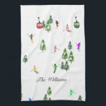 Personalized Ski Alpine Skiing | Skiers Kitchen Towel<br><div class="desc">Cool winter themed skier pattern design with skiers skiing down alpine ski resort slopes among snow covered fir trees in alps. Freeride skiers are wearing colorful vintage retro ski suits, skiing downhill with skis on a white snowy mountain landscape background. Wonderful winter sport fun gift for a skier in your...</div>