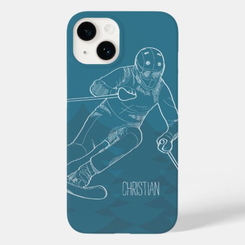Personalized Skier Sketched Drawing on Blue Case_Mate iPhone 14 Case