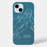 Personalized Skier Sketched Drawing On Blue Iphone 15 Case at Zazzle