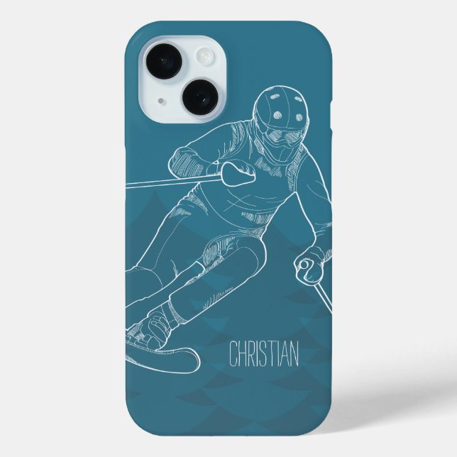 Personalized Skier Sketched Drawing on Blue Case-Mate iPhone Case (Back)