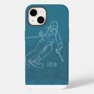 Personalized Skier Sketched Drawing on Blue iPhone 14 Case