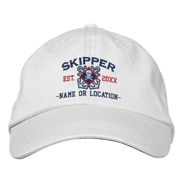 Personalized Skipper Nautical Crossbones Skull Embroidered Baseball Cap (Front)