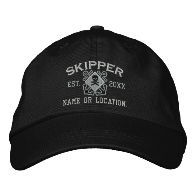 Personalized Skipper Nautical Crossbones Skull Embroidered Baseball Cap (Front)