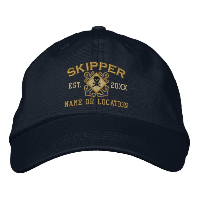 Personalized Skipper Nautical Crossbones Skull Embroidered Baseball Hat (Front)