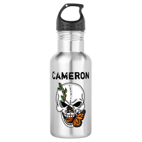 Personalized  Skull and Monarch Butterfly  Stainless Steel Water Bottle