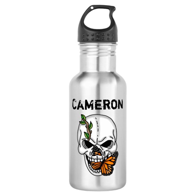 Personalized  Skull and Monarch Butterfly  Stainless Steel Water Bottle (Front)
