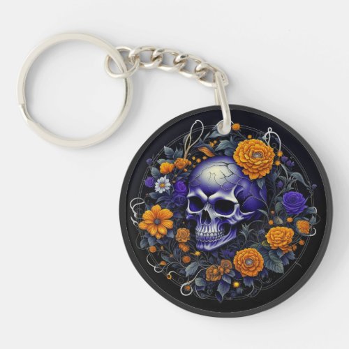 Personalized Skull and Orange Flowers AI art Keychain