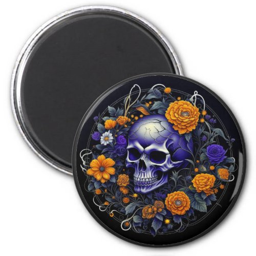 Personalized Skull and Orange Flowers AI art Magnet