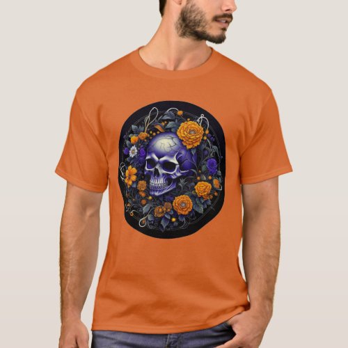 Personalized Skull and Orange Flowers AI art T_Shirt
