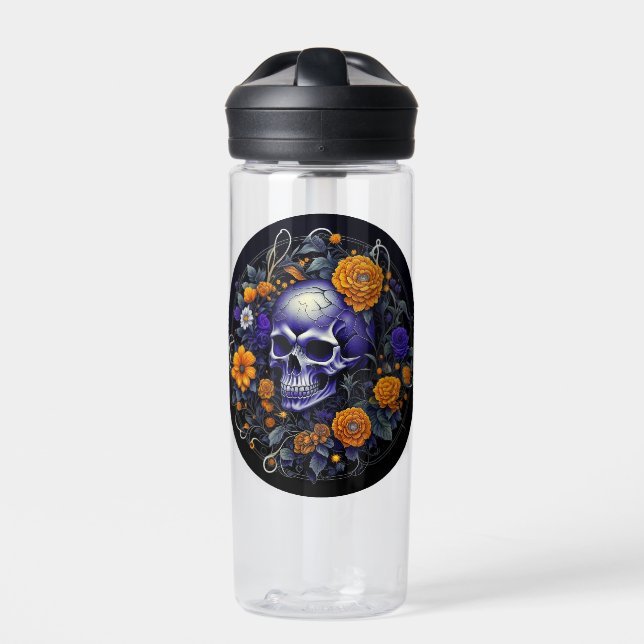 Personalized Skull and Orange Flowers AI art Water Bottle (Front)