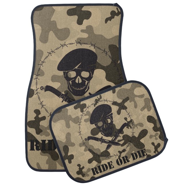 Personalized Skull Beret Barbed Wire Camouflage Car Floor Mat (Set)