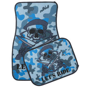 Personalized Skull Beret Blue Gray Camouflage Camo Car Floor Mat