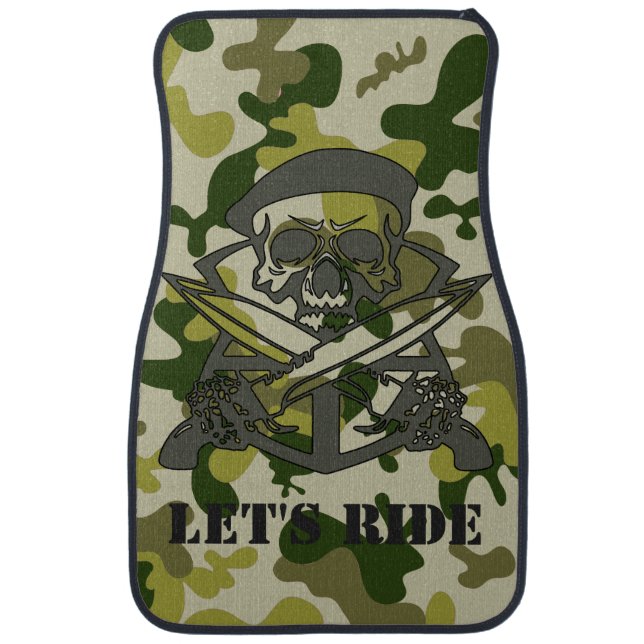 Personalized Skull Beret Green Gray Camouflage Cam Car Mat (Front)