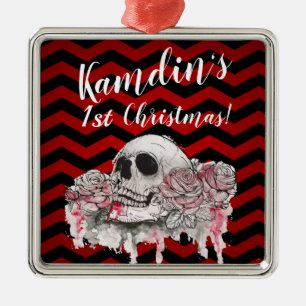 Personalized skull Rose Gothic Chevron red black Metal Ornament