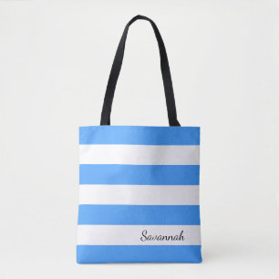 Personalized Sky Blue and White Striped Tote Bag
