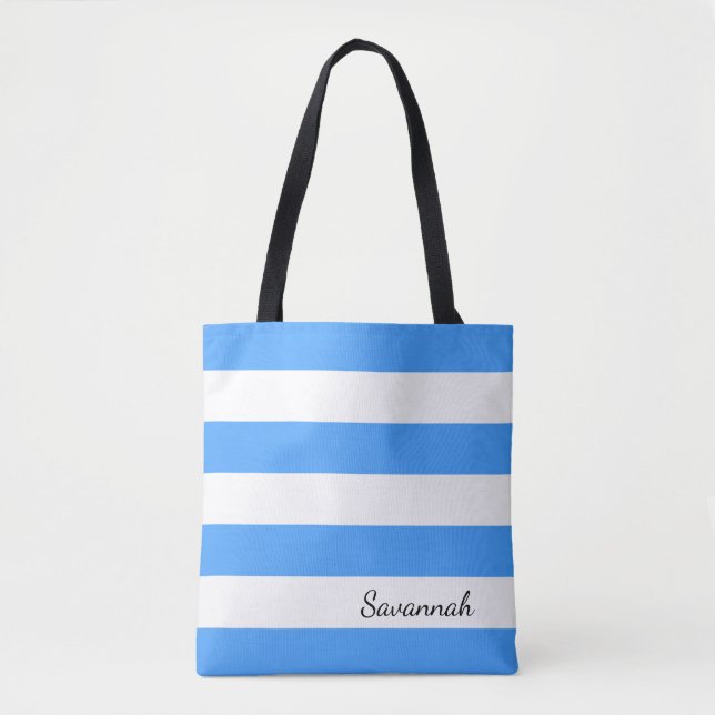 Personalized Sky Blue and White Striped Tote Bag (Front)