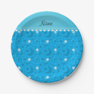 Personalized sky blue baby teddy bear stars moons paper plates