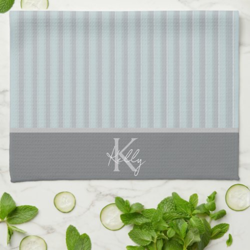 Personalized Sky Blue Gray Striped Kitchen Towels