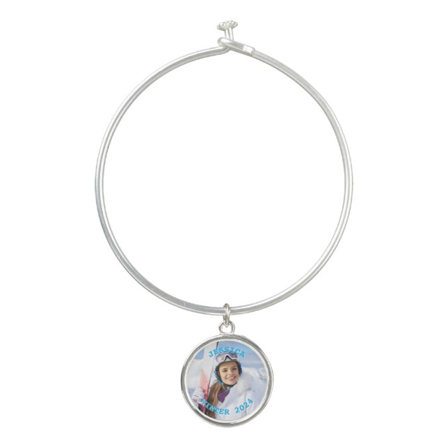 Personalized Sky Blue Text Family Photo Bangle Bracelet (Front)