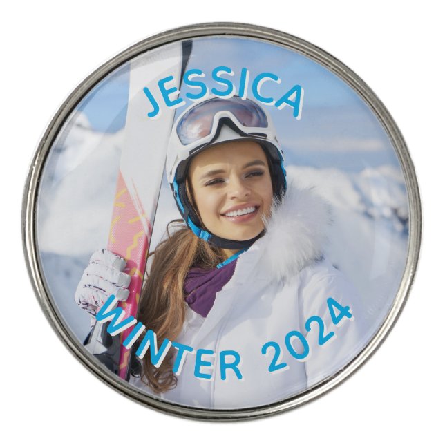 Personalized Sky Blue Text Family Photo Golf Ball Marker (Front)