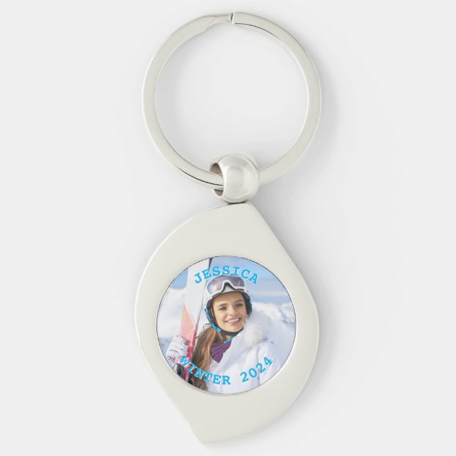 Personalized Sky Blue Text Family Photo Keychain (Front)