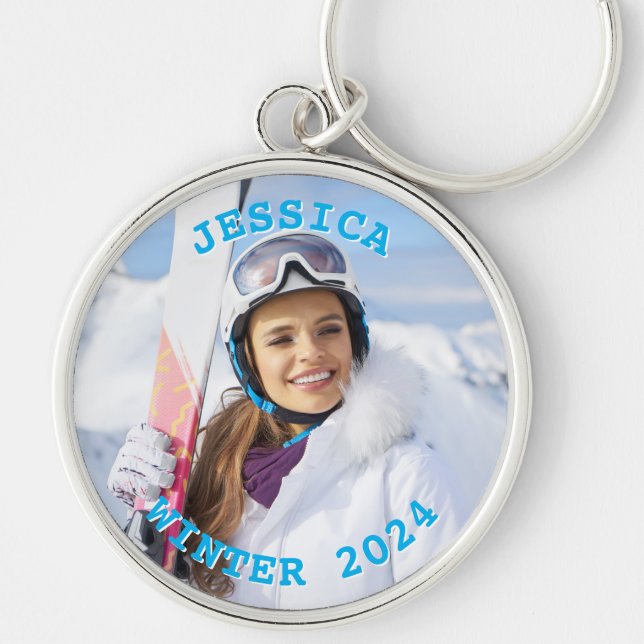 Personalized Sky Blue Text Family Photo Keychain (Front)