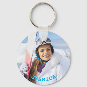 Personalized Sky Blue Text Family Photo Keychain