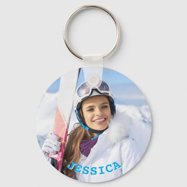 Personalized Sky Blue Text Family Photo Keychain (Front)