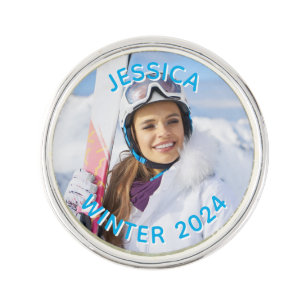 Personalized Sky Blue Text Family Photo Lapel Pin