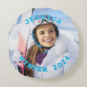 Personalized Sky Blue Text Family Photo Round Pillow