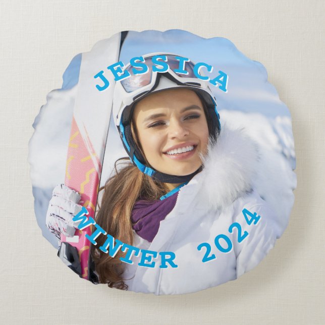 Personalized Sky Blue Text Family Photo Round Pillow (Front)