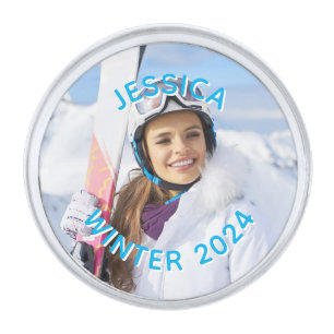Personalized Sky Blue Text Family Photo Silver Finish Lapel Pin