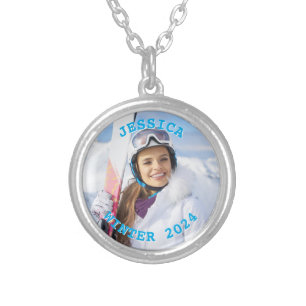 Personalized Sky Blue Text Family Photo Silver Plated Necklace