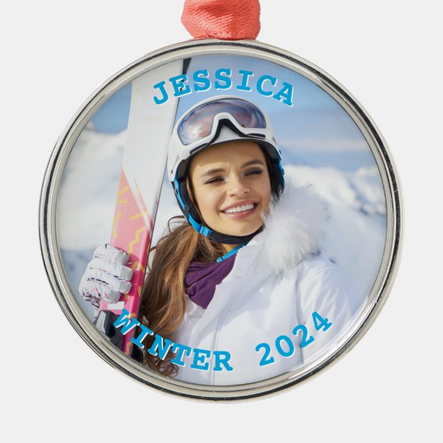 Personalized Sky Blue Text Round Family Photo Metal Ornament (Front)