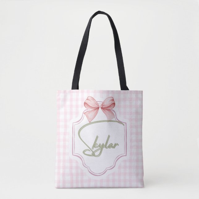 Personalized Skylar Baby Girl Nursery Bow&Gingham Tote Bag (Front)