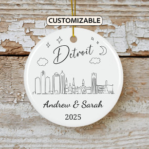 Personalized Skyline Detroit Ornament, Michigan Ceramic Ornament