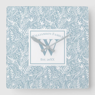 Personalized Slate Blue and White Floral  Square Wall Clock