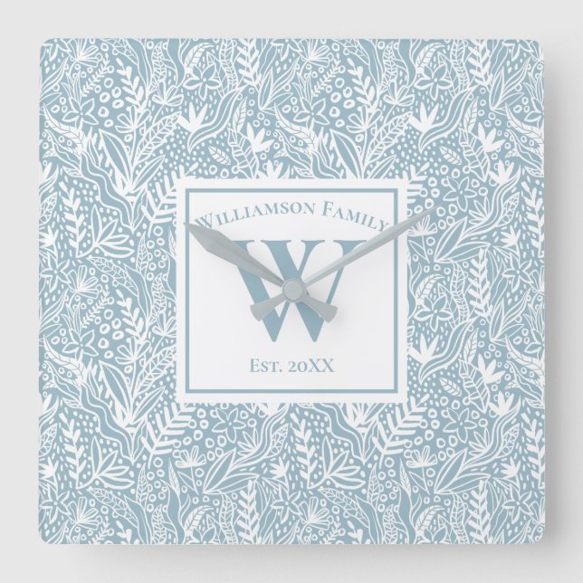 Personalized Slate Blue and White Floral  Square Wall Clock (Front)