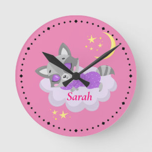 Personalized Sleeping Baby Raccoon Nursery  Round Clock